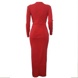 Red Lace up Front Long Evening Cocktail Dress