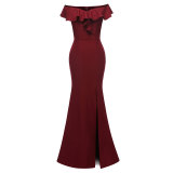 Off Shoulder Ruffle Collar Split Evening Dress
