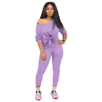 Solid Color Half Sleeve Slash Neck Laid Back Knotted Set