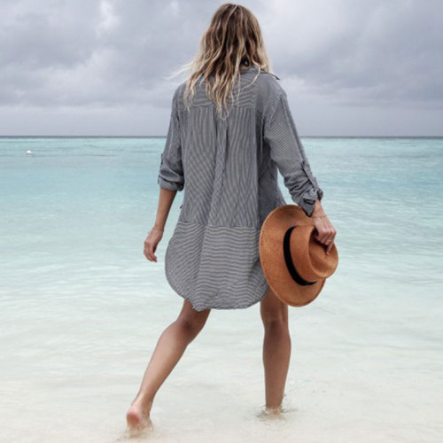 Printed Stripe Shirt Collar Beach Coverup