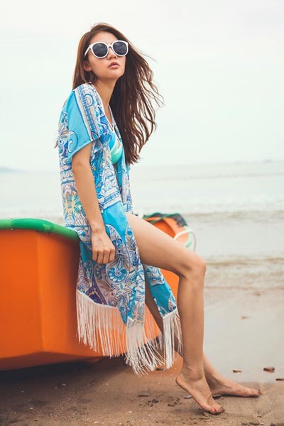Mint Paisly Print Fringe Kimono L38302