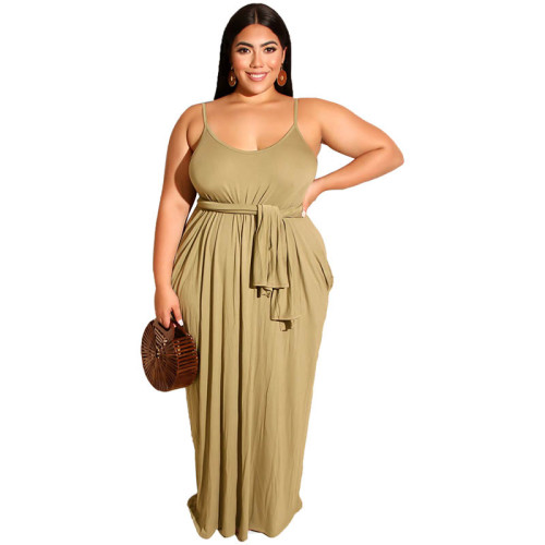 Womens Spaghetti Strap Pocket Maxi Dress with Belt