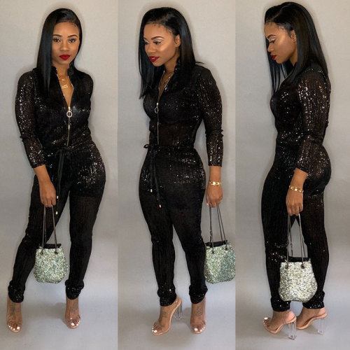 High Neck Zipper Bronzing Jumpsuit with Belt
