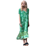 Printed Flower V Collar Cotton Beach Dress