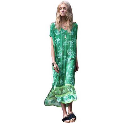 Printed Flower V Collar Cotton Beach Dress