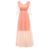 V-neck Lace Embroidered Flower Bridesmaid Dress