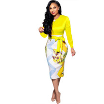 Women Printed Patchwork Belted Midi Work Office Party Pencil Dress