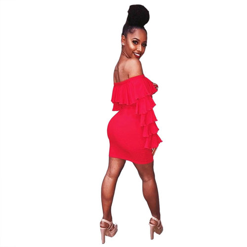 Red Ruffle Sleeve Slash Neck Bodycon Dress