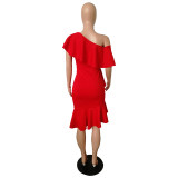 Stylish Off the Shoulder Ruffle Design Knee Length Dress
