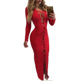 Red Lace up Front Long Evening Cocktail Dress