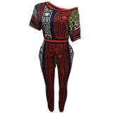 Josie Colorful Print Slash Shoulder Jogger Set