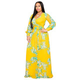Printed V Neck Long Sleeve Maxi Dress