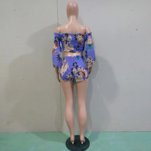 Off The Shoulder Flare Sleeves Printed Two Pieces Suit