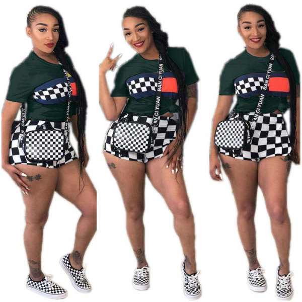 Casual Print Plaid Top T-Shirt And Shorts