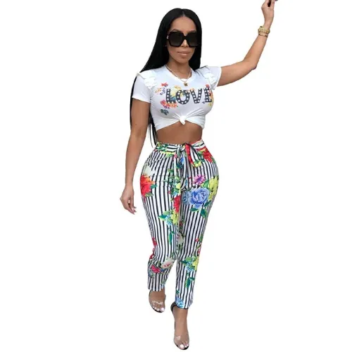 Euramerican Round Neck Striped Floral Printed Two-Piece Pants Set