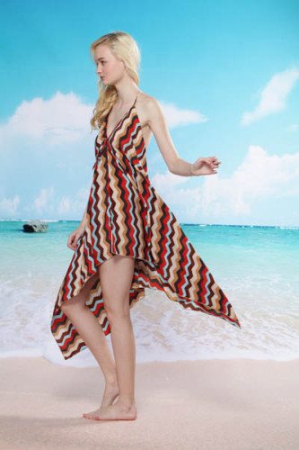 Halter Hilo Hem Beach Cover-up Coffee and Red L3748-2