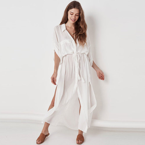 Cotton Button Shirt Collar Beach Maxi Blouse