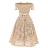 Lace Slash Neck A-line Cocktail Dress With Bow