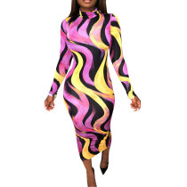 Mixed Color High Neck Long Sleeve Bodycon Dress