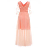 V-neck Lace Embroidered Flower Bridesmaid Dress