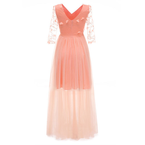 V-neck Lace Embroidered Flower Bridesmaid Dress
