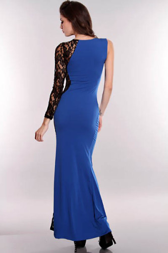 Royal Blue Black One Shoulder Lace Long Sleeve Dress L5007-1