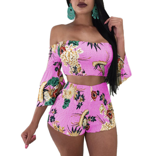 Off The Shoulder Flare Sleeves Printed Two Pieces Suit