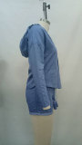 Loose Hooded Denim Blouse And Shorts