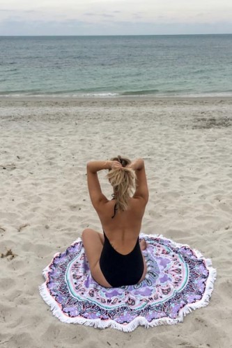 Light Purple Flower Printed Tassels Round Beach Towel L38372