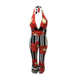 Stripe Print Flowers Halter Jumpsuit With Wide Leg