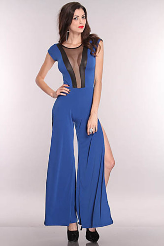 Royal Blue Mesh Cut Out Side Slits Jumper Outfit L5502-1