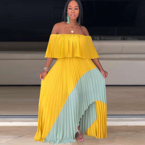 Yellow Casual Chiffon Splicing Lined Maxi Dress