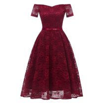 Lace Slash Neck A-line Cocktail Dress With Bow