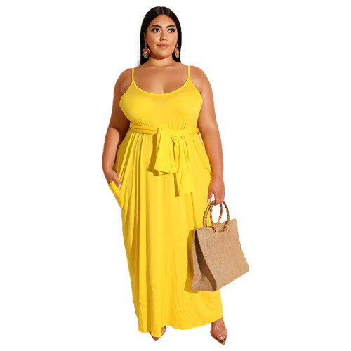 Womens Spaghetti Strap Pocket Maxi Dress with Belt