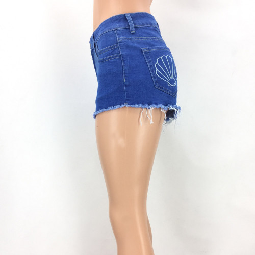 Embroidered Sexy High Waist Washed Denim Shorts