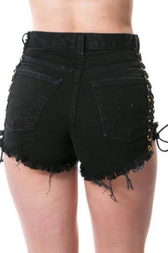 Laced Up Black Cutoff Shorts L548