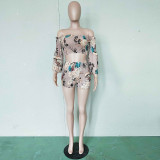 Off The Shoulder Flare Sleeves Printed Two Pieces Suit