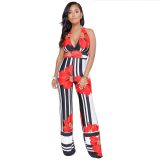 Stripe Print Flowers Halter Jumpsuit With Wide Leg