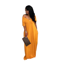 Solid Color Loose Shoulder Short Sleeve Long Dress with Pocket