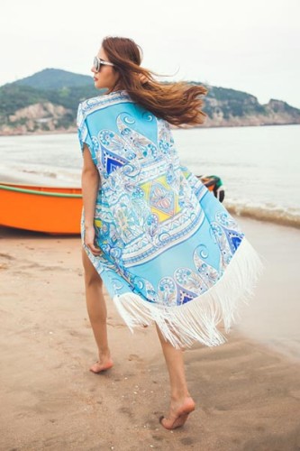 Mint Paisly Print Fringe Kimono L38302