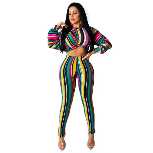 Striped Print Long Sleeve Off Shoulder Crop Top Tights Two Piece Set