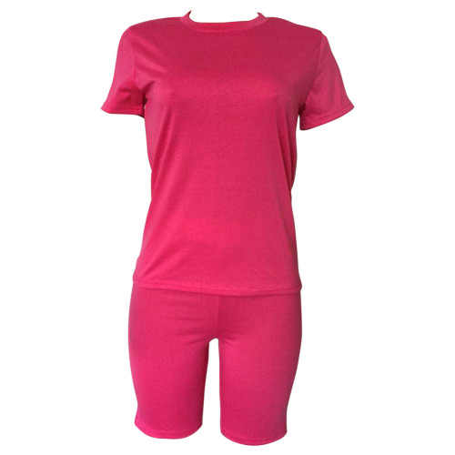 Solid Color Short Sleeve Two Piece Shorts Set