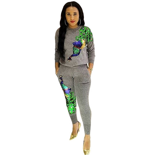 Cute Women Peacock Sequined 2 Piece Jogger Pants Set