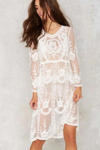Long Sleeve Floral Lace Midi Dress L38308