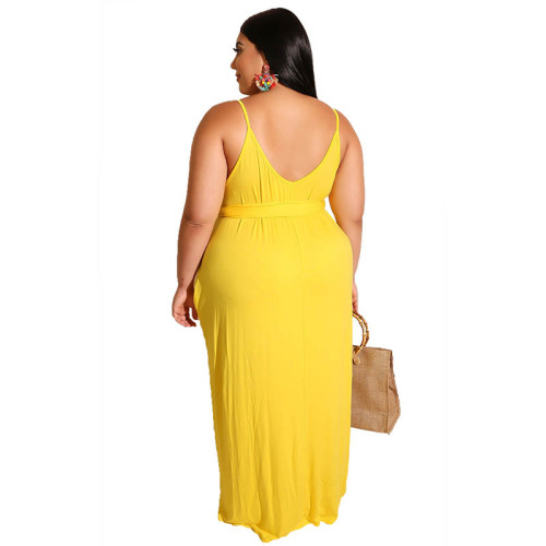 Womens Spaghetti Strap Pocket Maxi Dress with Belt