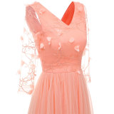 V-neck Lace Embroidered Flower Bridesmaid Dress
