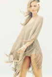Khaki Knit Fringed Poncho Beachwear L38235-1