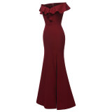 Off Shoulder Ruffle Collar Split Evening Dress