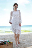 White Long Sleeve O-Neck See Through Sexy Lace Embroidered Beach