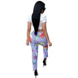 Euramerican Round Neck Striped Floral Printed Two-Piece Pants Set